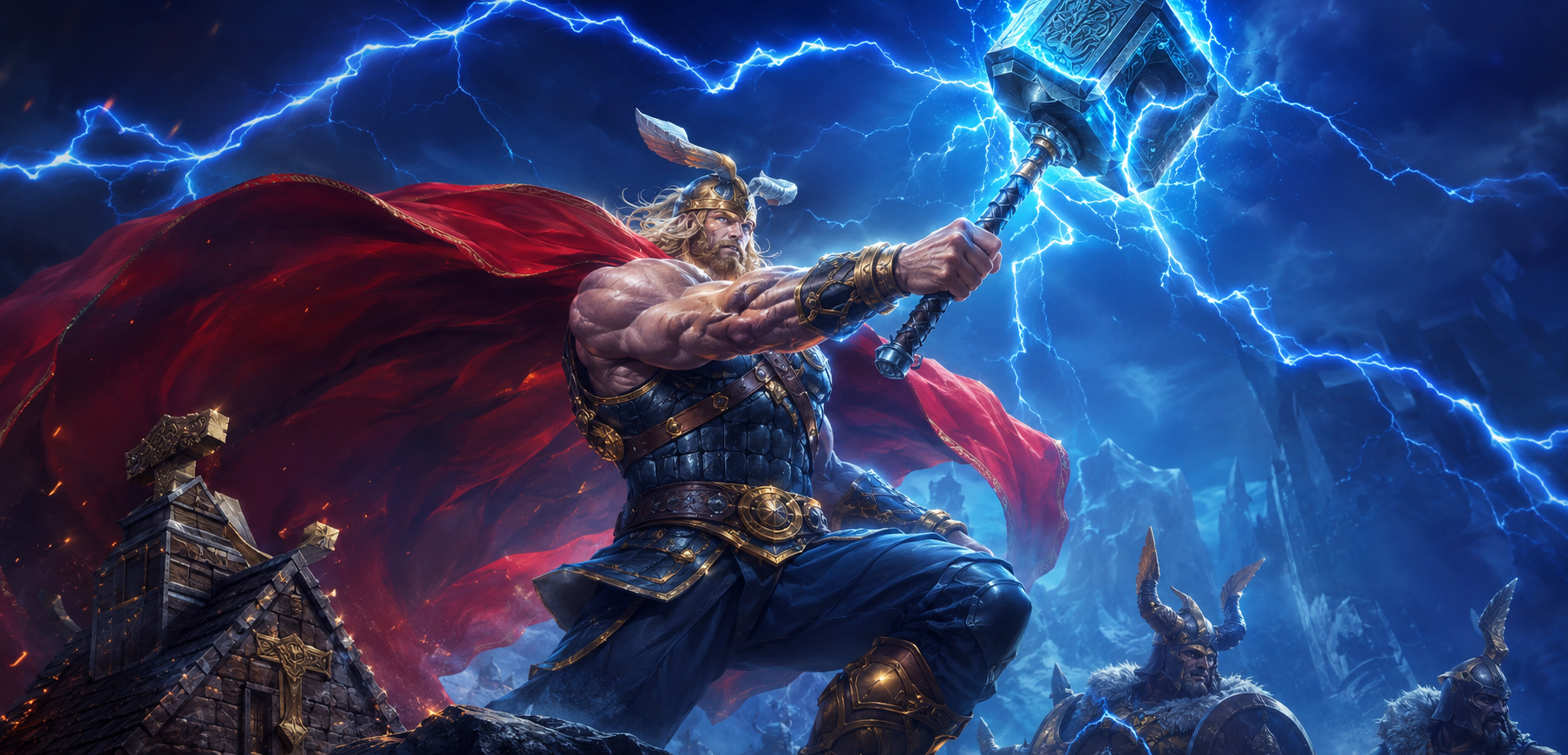 Thor wielding a lightning-wreathed hammer above a Viking settlement